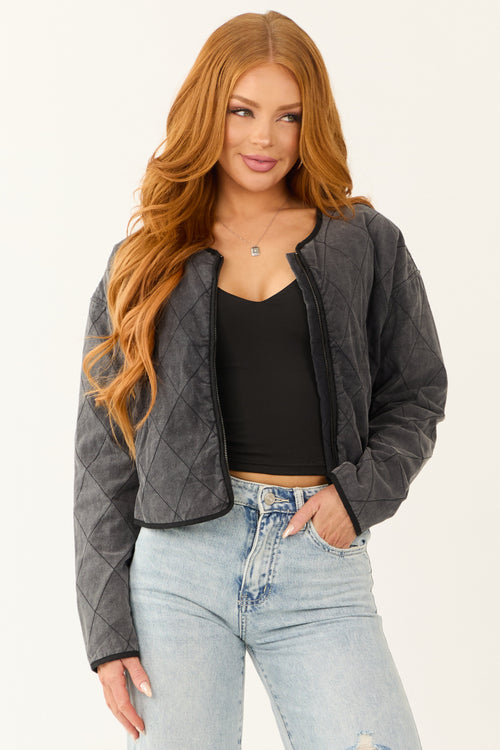 Black Acid Wash Zip Up Long Sleeve Quilted Jacket