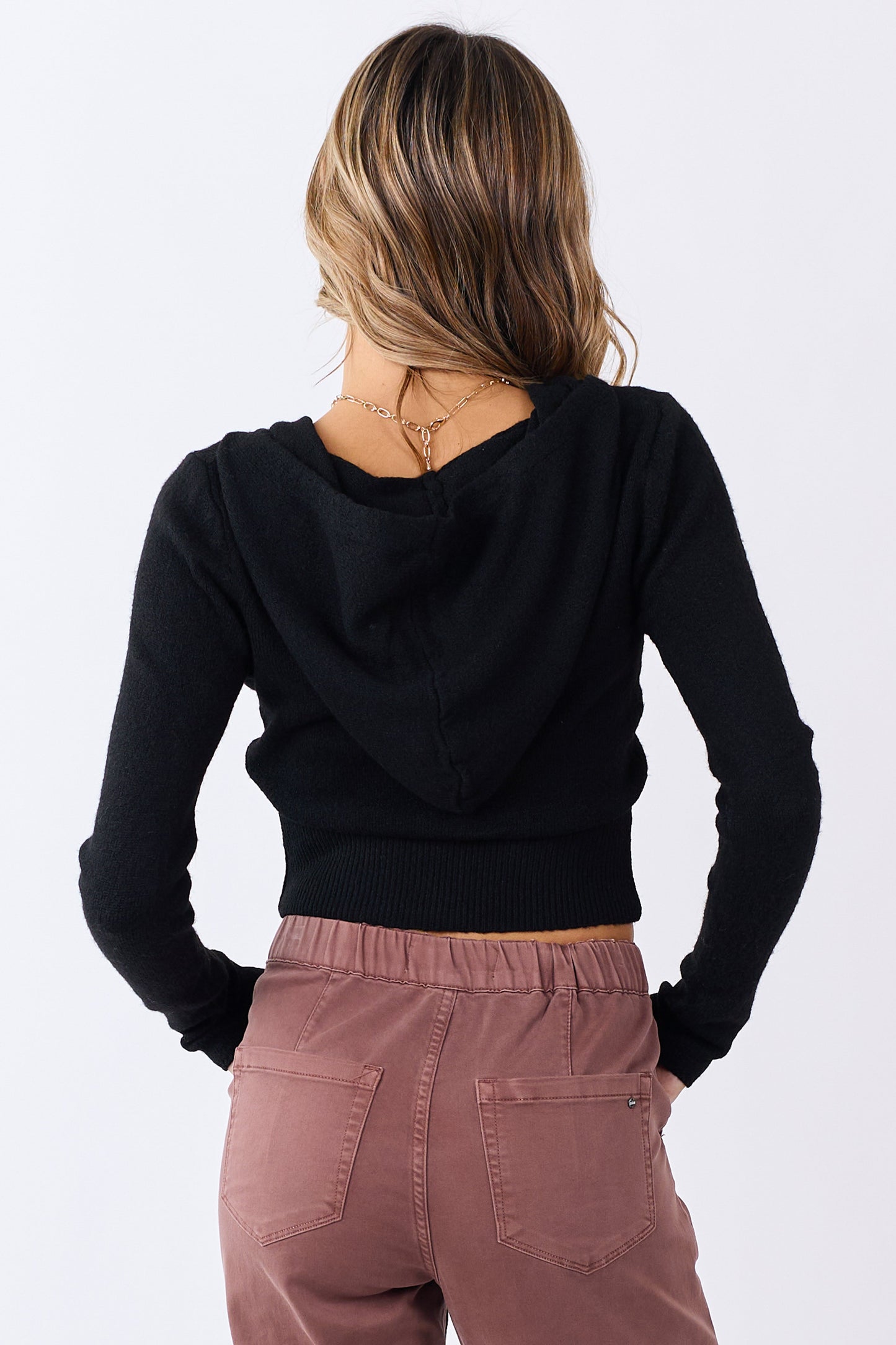 Black Zip Up Hooded Cropped Knit Jacket