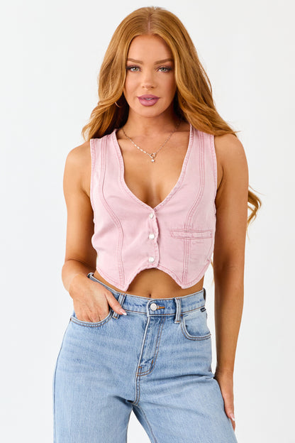Carnation Button Down Lightweight Denim Crop Vest
