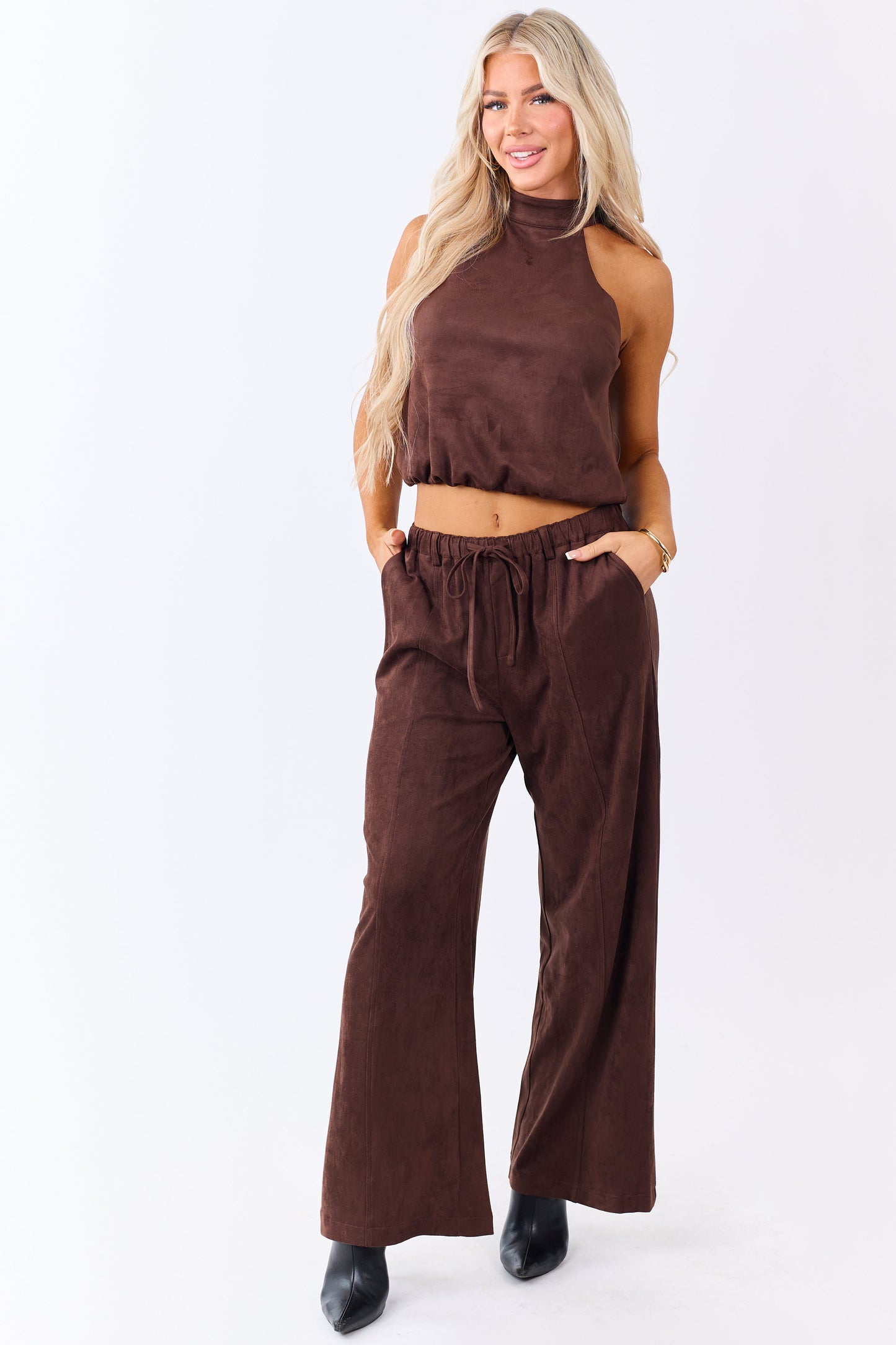 Chocolate Faux Suede Wide Leg Drawstring Pants