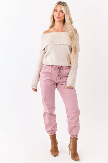 Entro Almond Wool Blend Off Shoulder Sweater