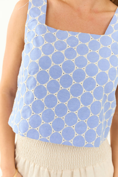 Entro Cornflower Chambray Denim Embroidered Tank Top