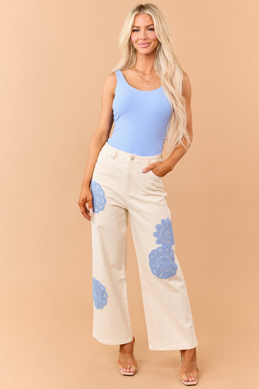 Entro Cream Boho Crochet Patchwork Wide Leg Jeans