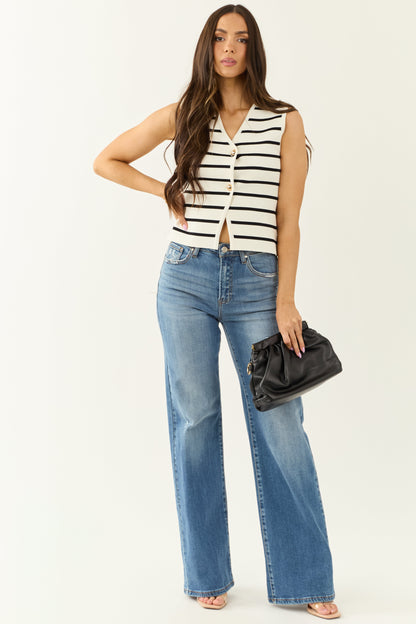 Ivory Striped Button Down Sweater Vest