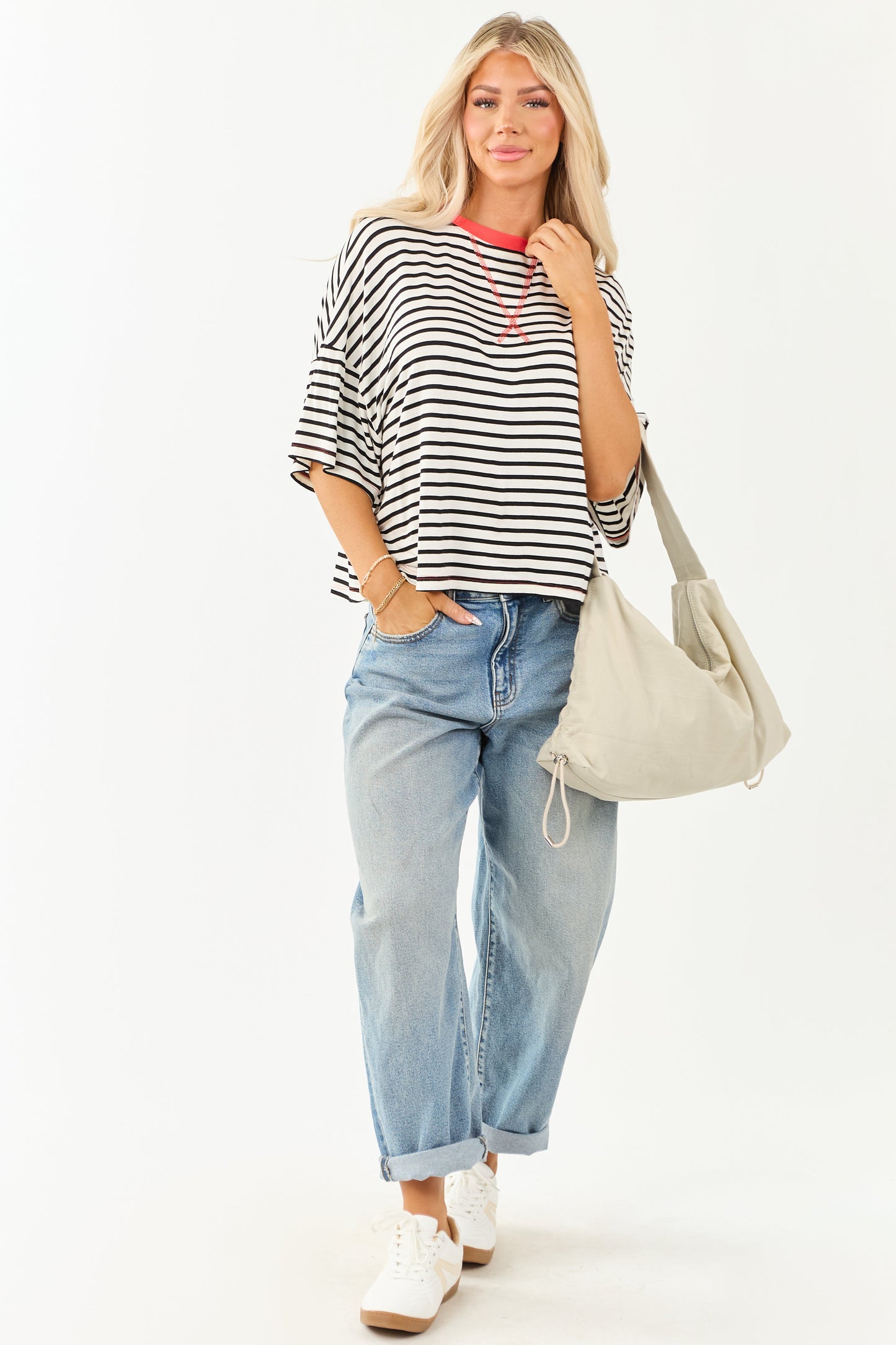 Ivory and Crimson Striped Half Sleeve Top