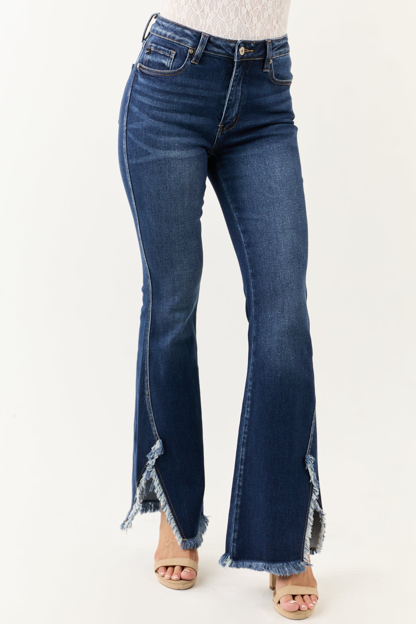 KanCan Dark Wash Frayed Hem Stretchy Bootcut Jeans