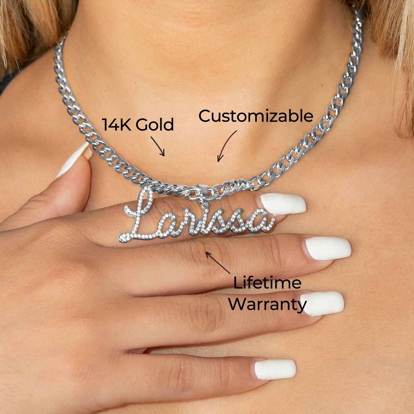 Women Jewelry - White Gold Iced Out VVS Name Necklace | Style # N27