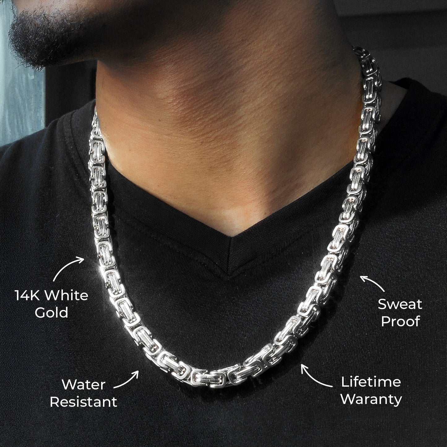 Gold Jewelry -  Mens 14K White Gold Byzantine Chain
