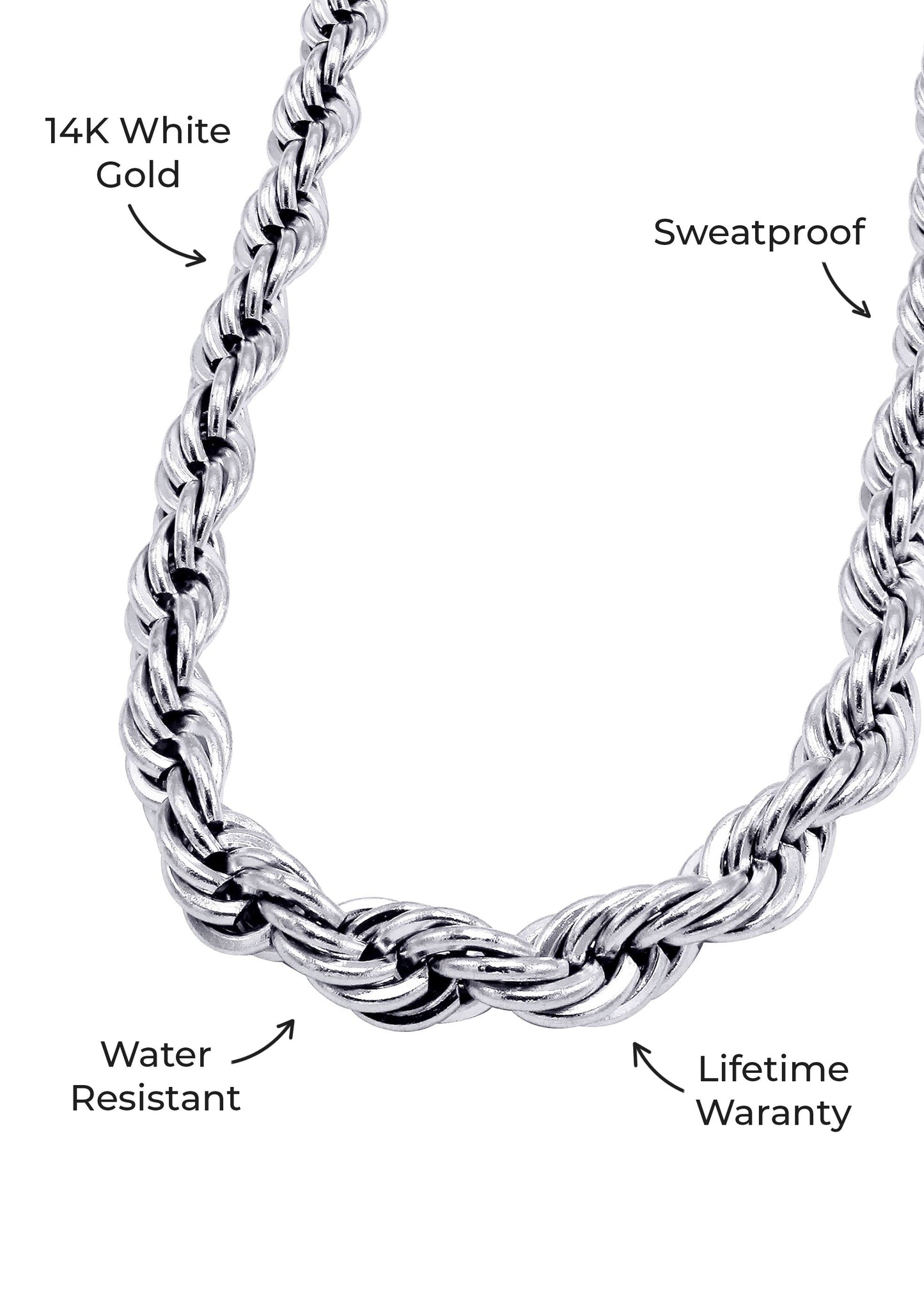 Mens Jewelry - 14K Solid White Gold Rope Chain & Bracelet ( 6 Mm )
