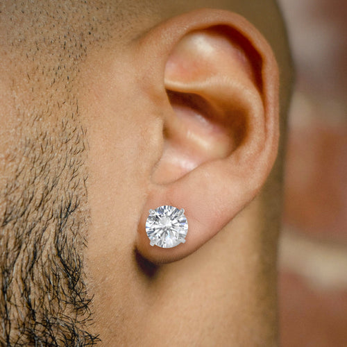 Mens Jewelry - Silver Push Back Round Iced Out VVS Stud Earrings for Men